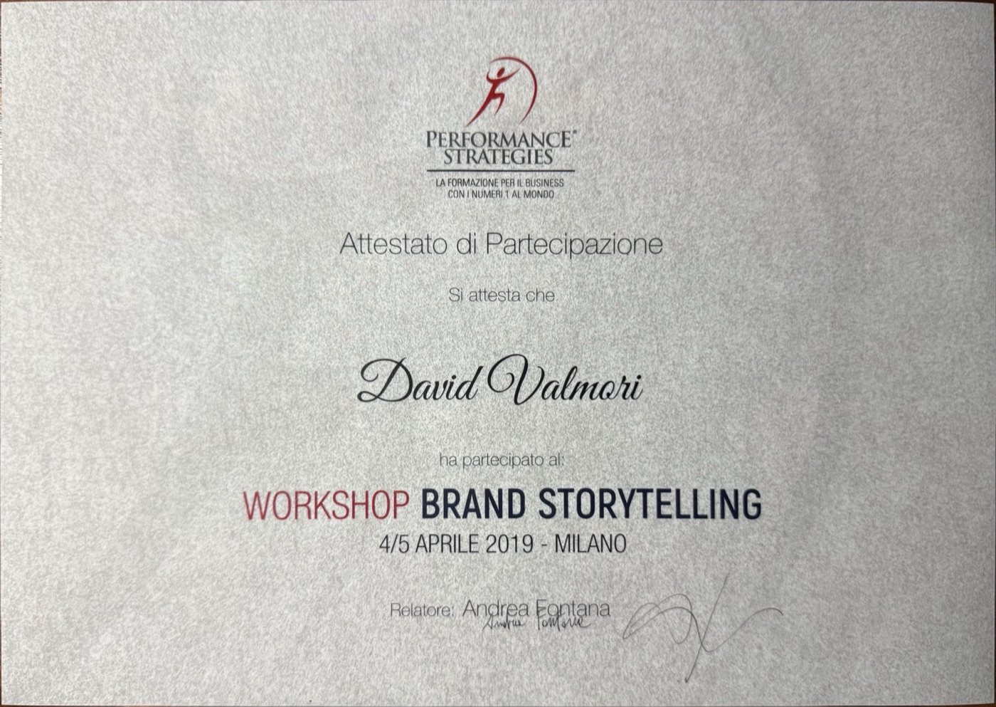 Attestato del corso Brand Storytelling con Andrea Fontana