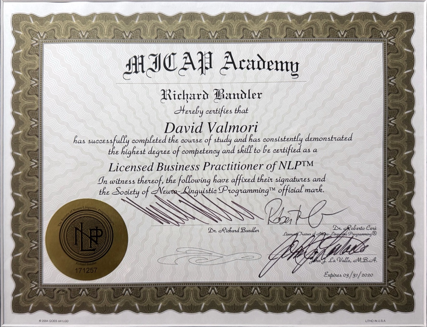 Licenza Business Practitioner of NLP firmata da Richard Bandler e John La Valle