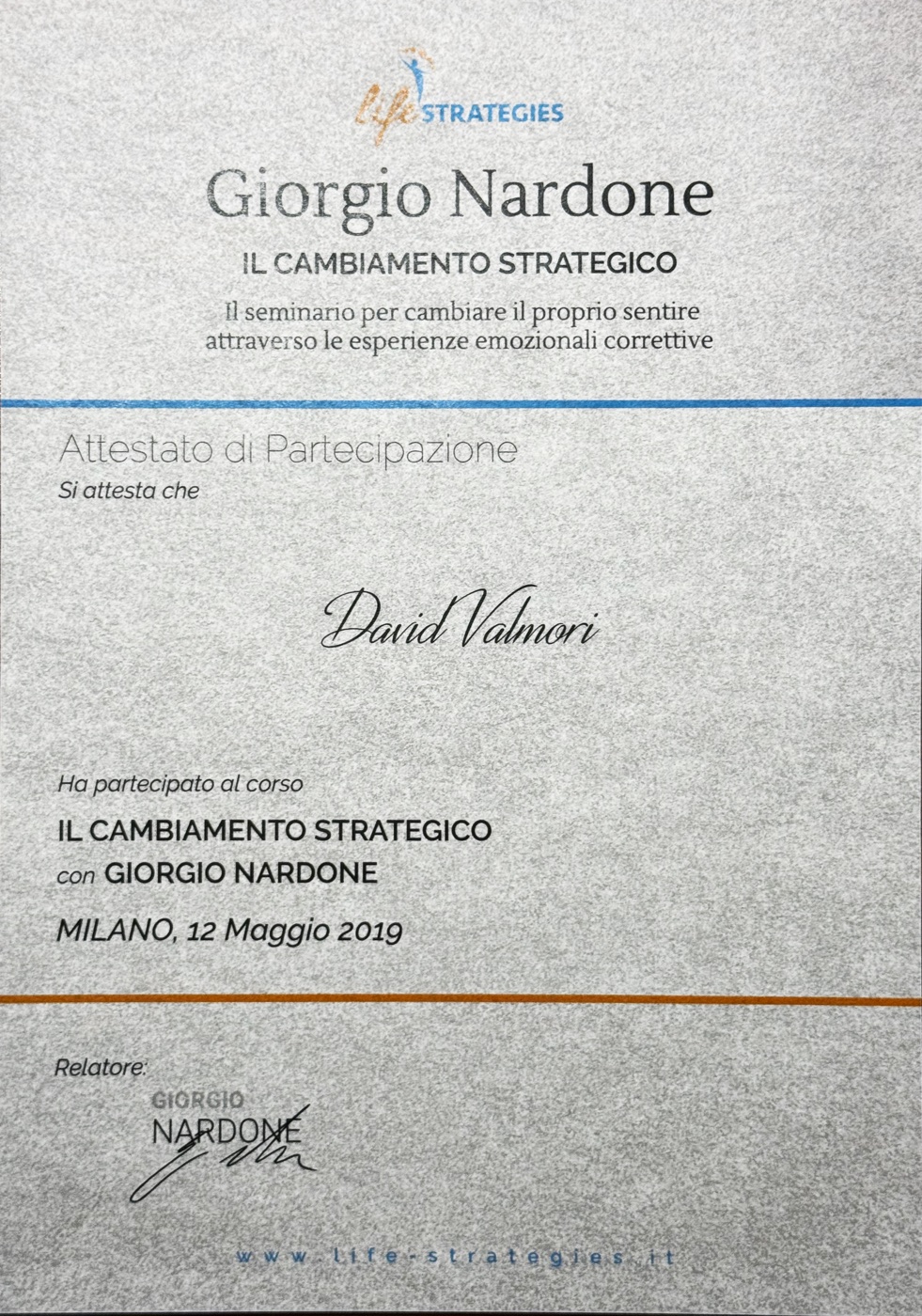 Attestato del corso Il Cambiamento Strategico con Giorgio Nardone