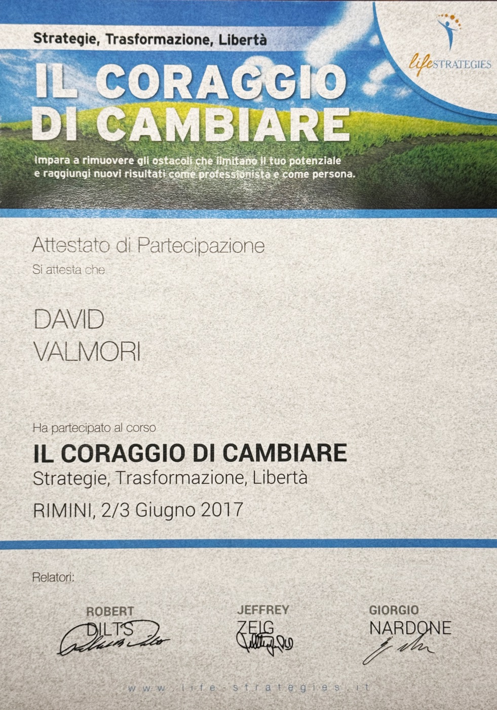 Attestato del corso Il Coraggio di Cambiare 2017