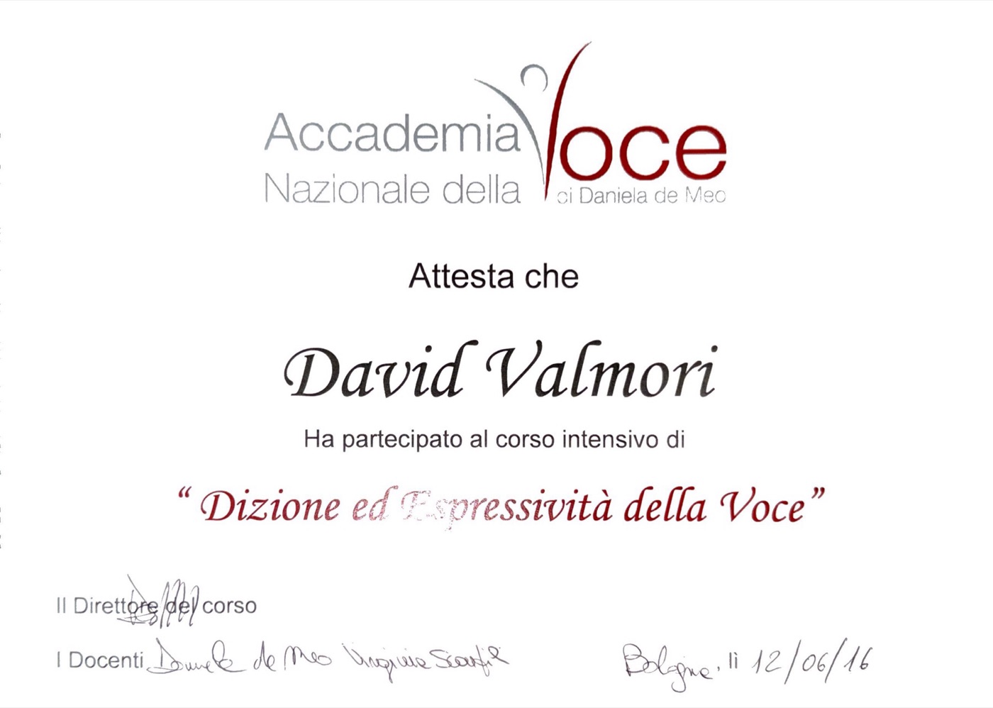 Attestato del corso di Dizione ed espressività della voce