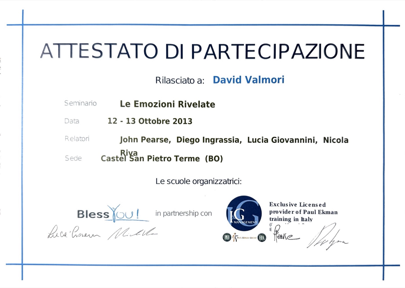 Attestato del corso Le emozioni rivelate, metodo Paul Ekman