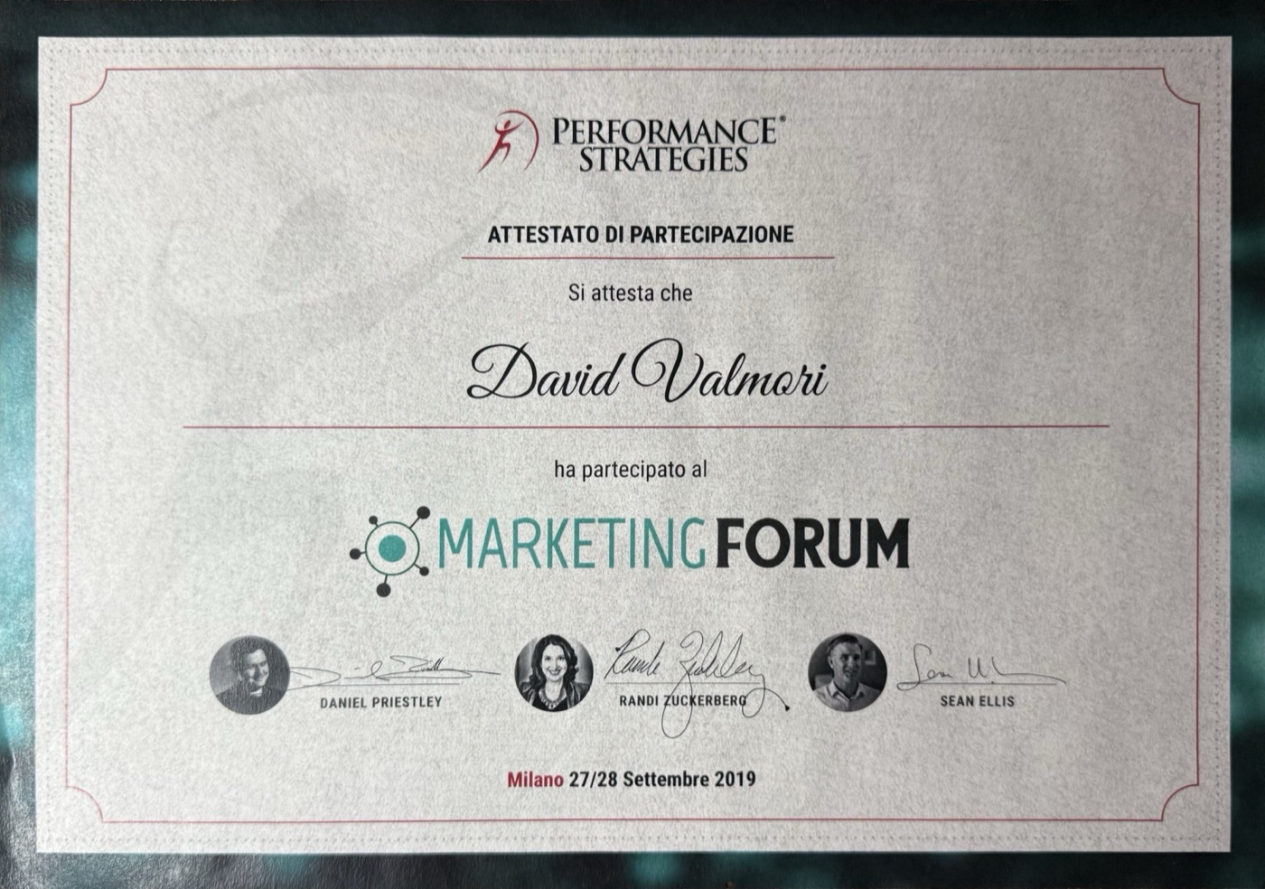 Attestato di partecipazione al Marketing Forum 2019 di Performance Strategies