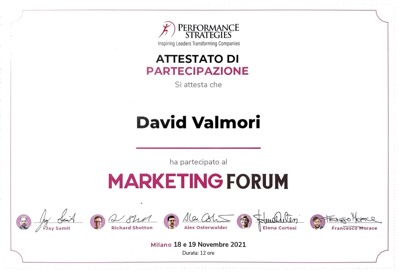 Attestato di partecipazione al Marketing Forum 2021 di Performance Strategies
