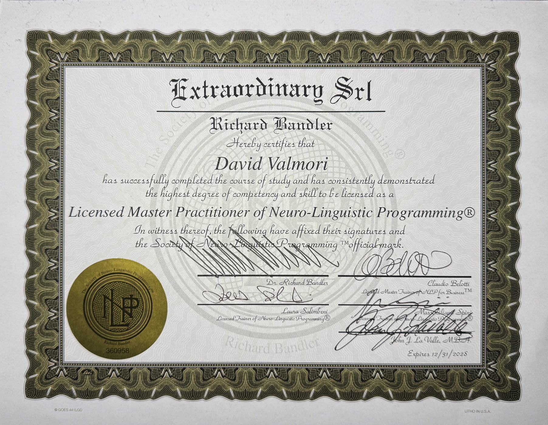 Licenza Master Practitioner of Neuro-Linguistic Programming firmata da Richard Bandler