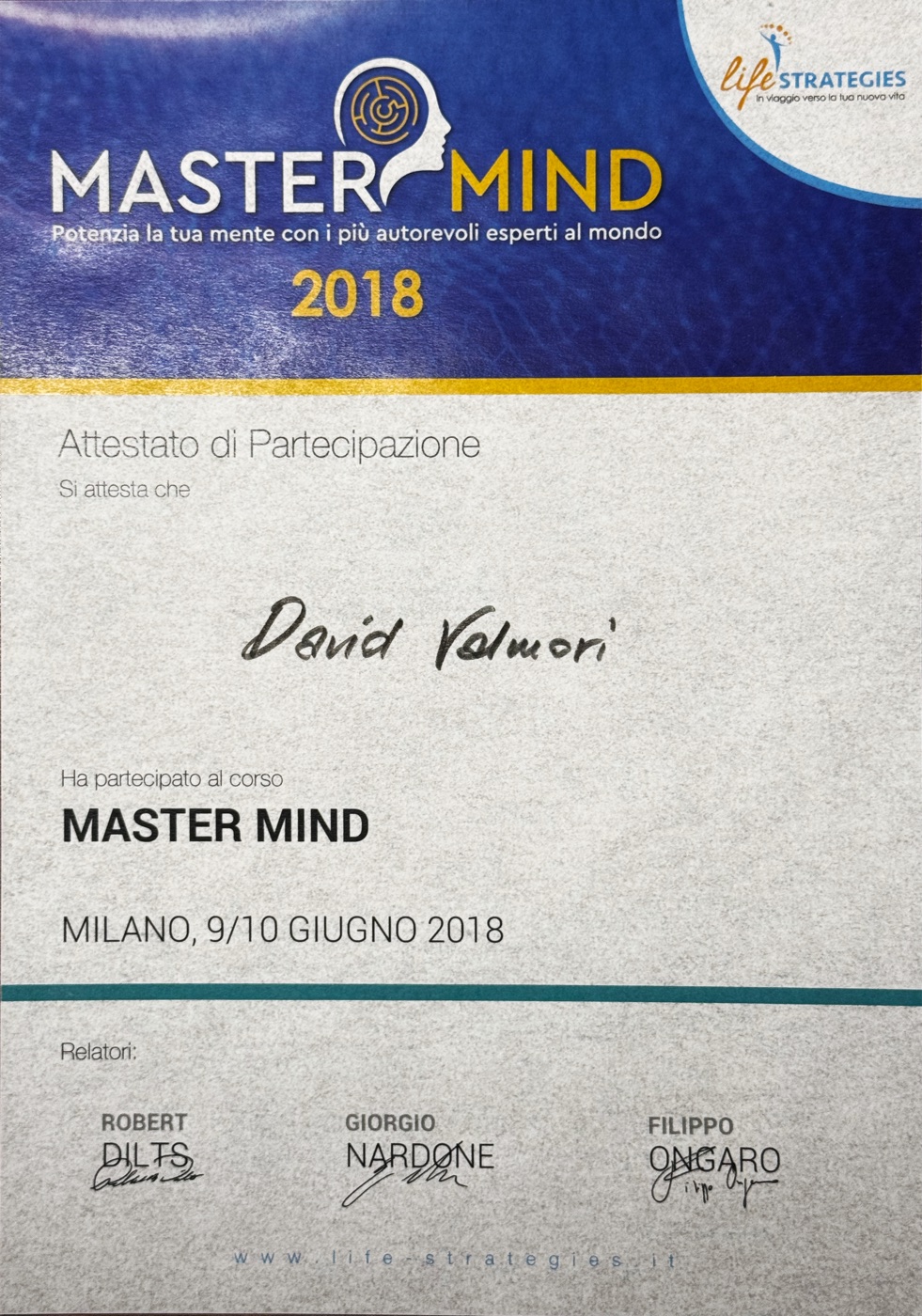 Attestato di partecipazione al corso Master Mind 2018