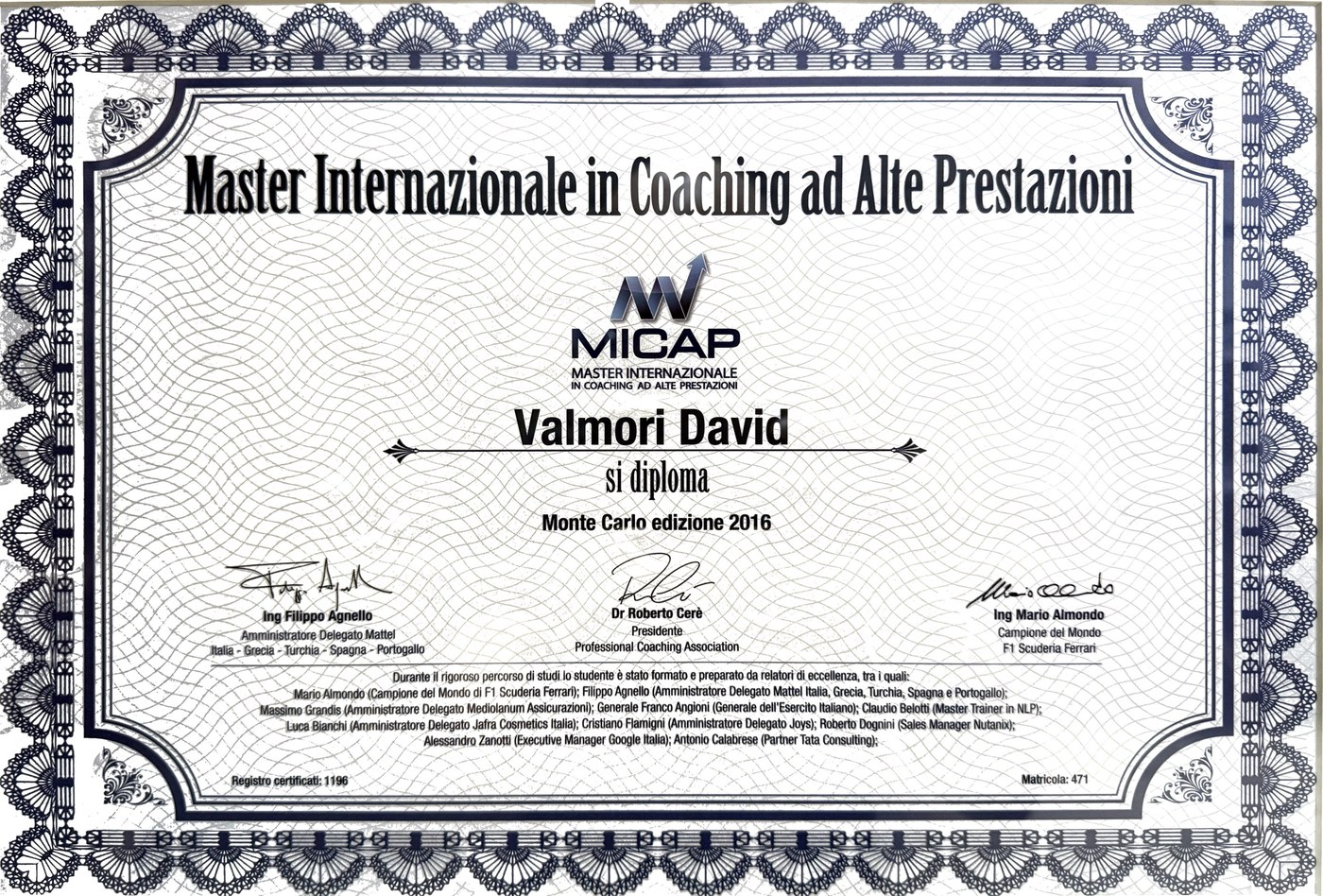 Diploma del Master Internazionale in Coaching ad Alte Prestazioni MICAP, Monte Carlo 2016