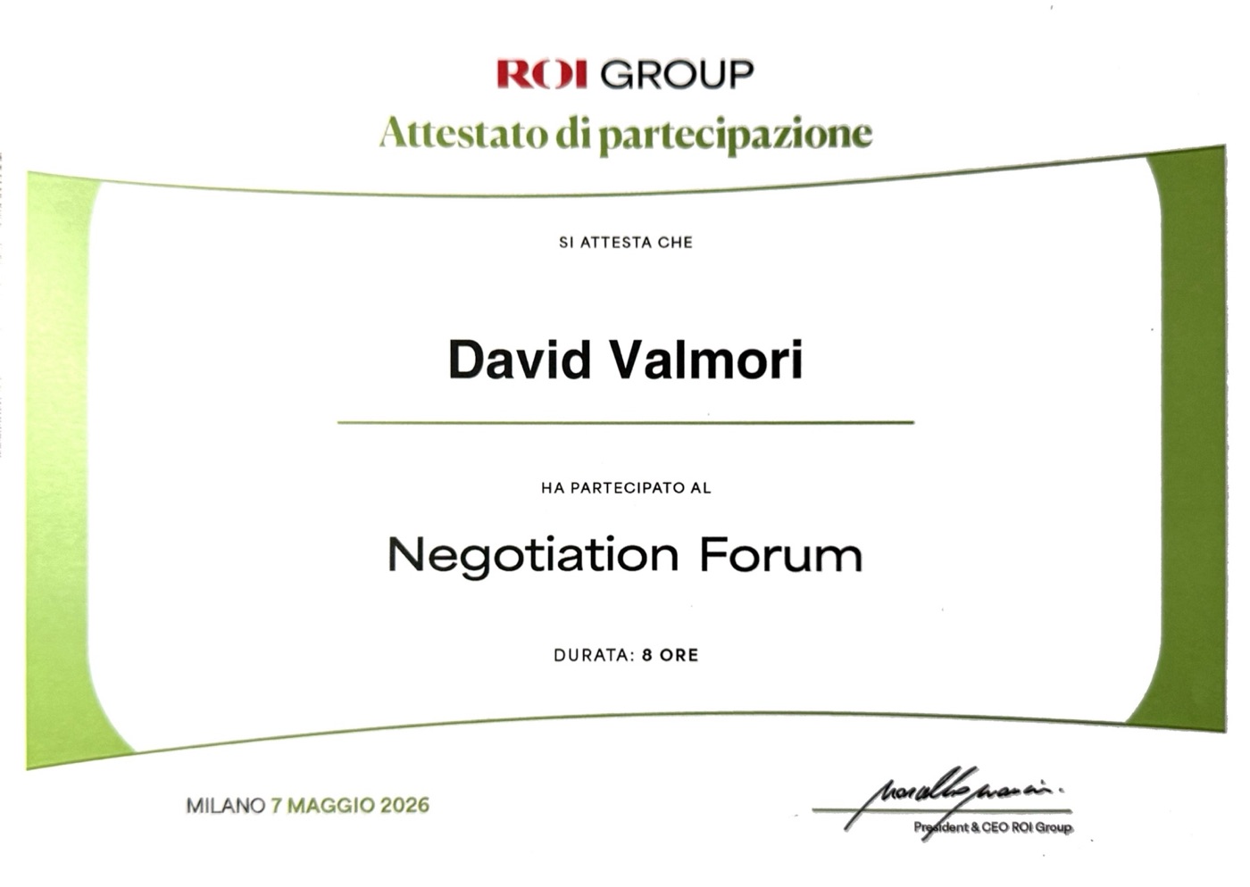 Attestato di partecipazione al Negotiation Forum 2026 di ROI Group