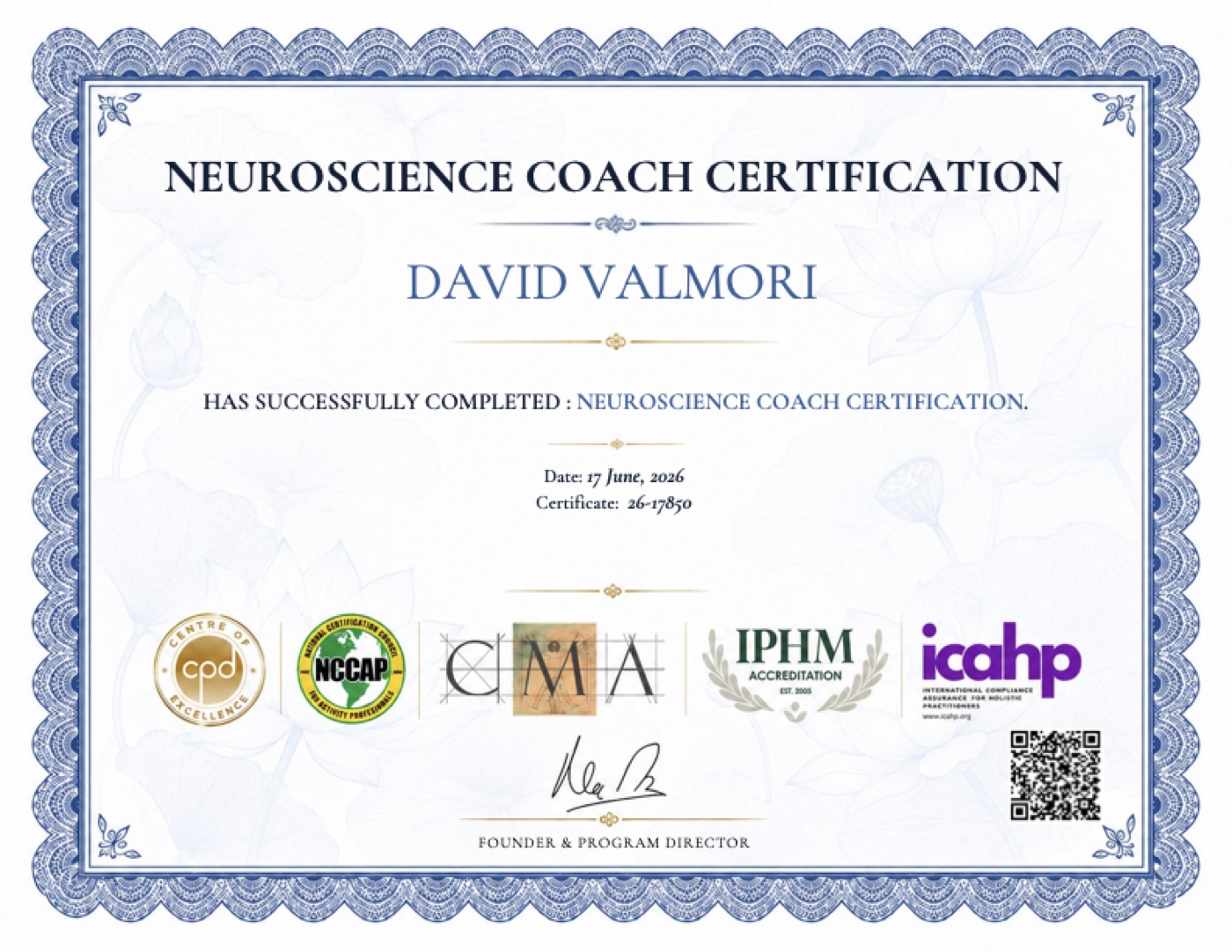 Certificato Neuroscience Coach Certification di David Valmori