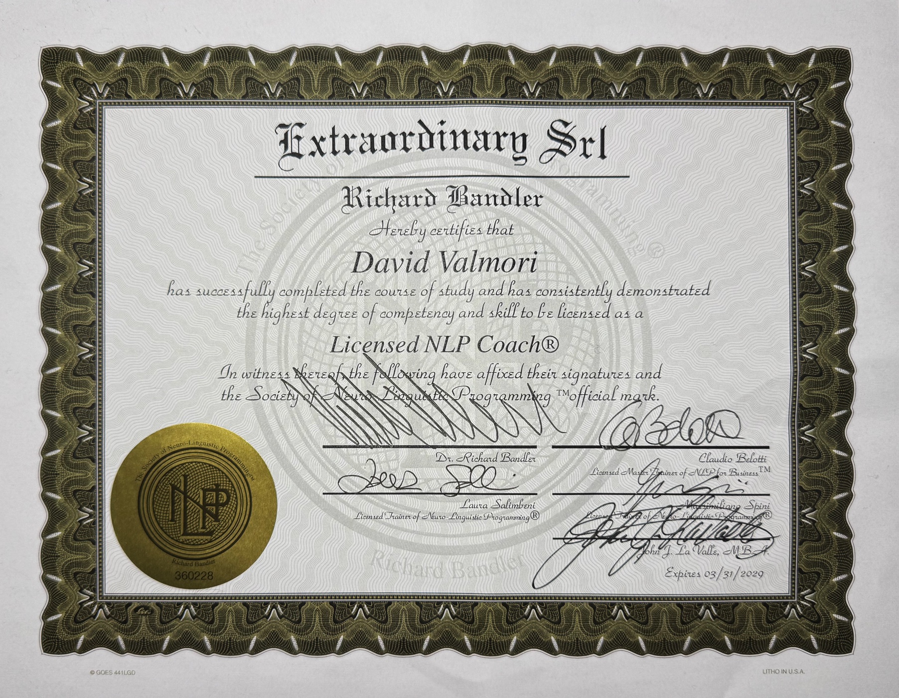 Licenza NLP Coach firmata da Richard Bandler