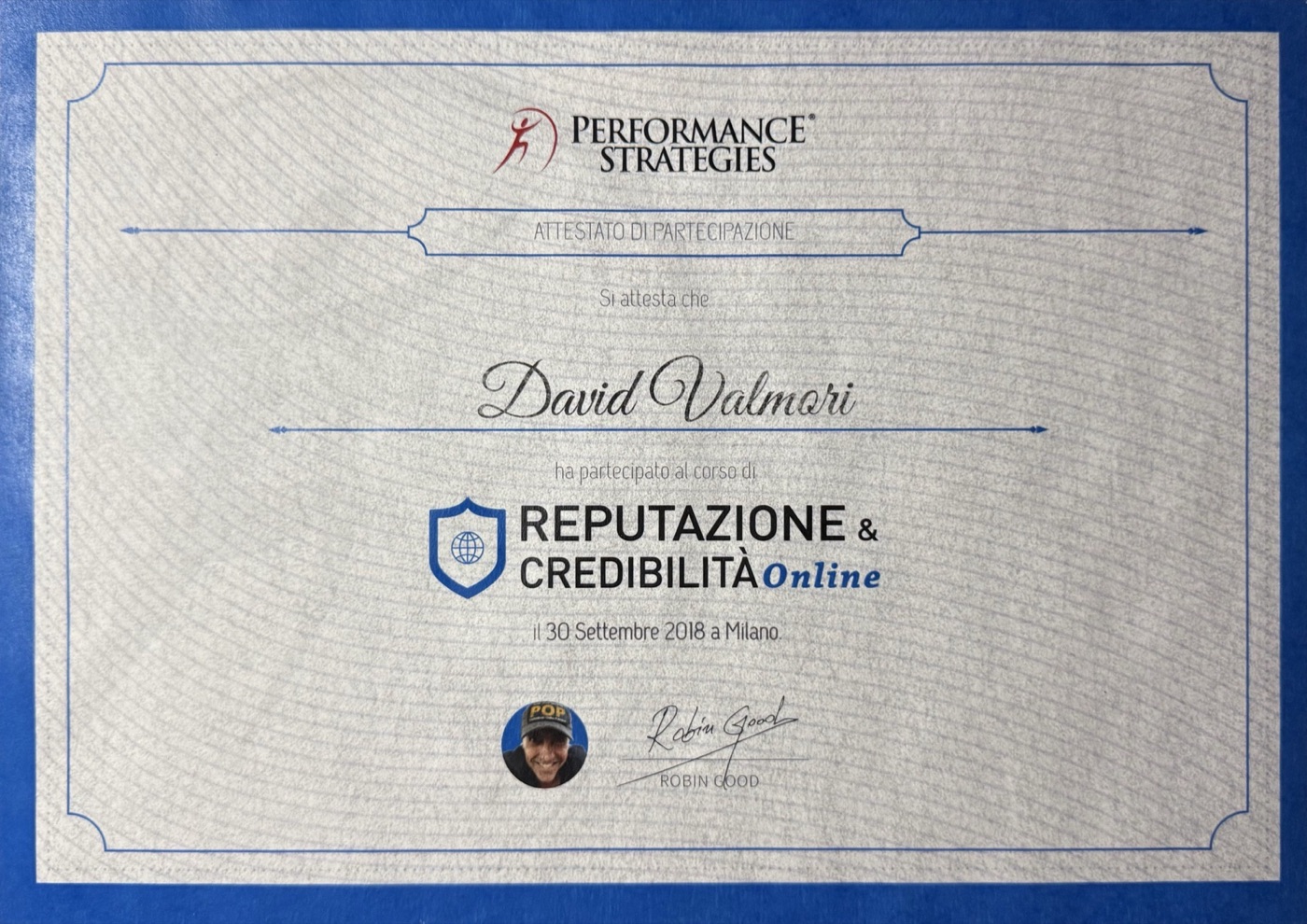Attestato del corso Reputazione e credibilità online con Robin Good