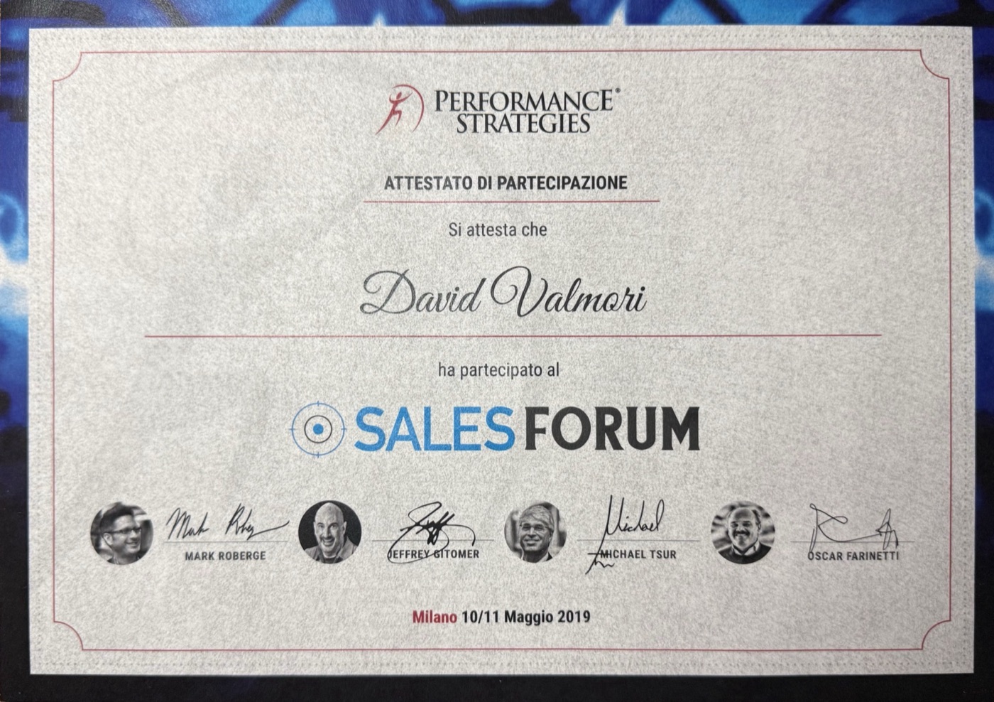 Attestato di partecipazione al Sales Forum 2019 di Performance Strategies