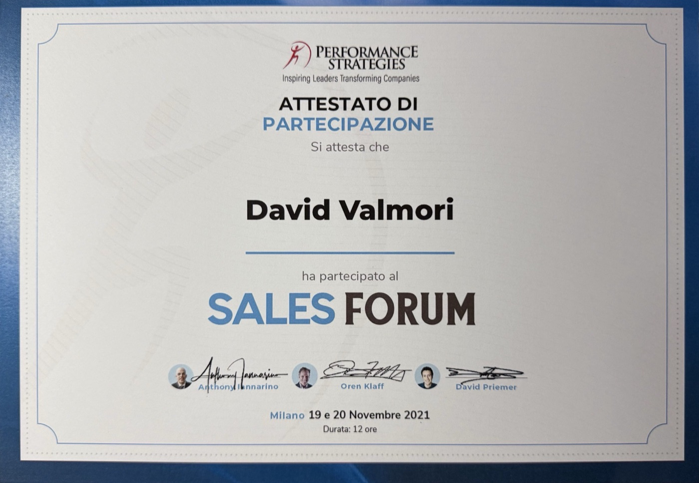 Attestato di partecipazione al Sales Forum 2021 di Performance Strategies