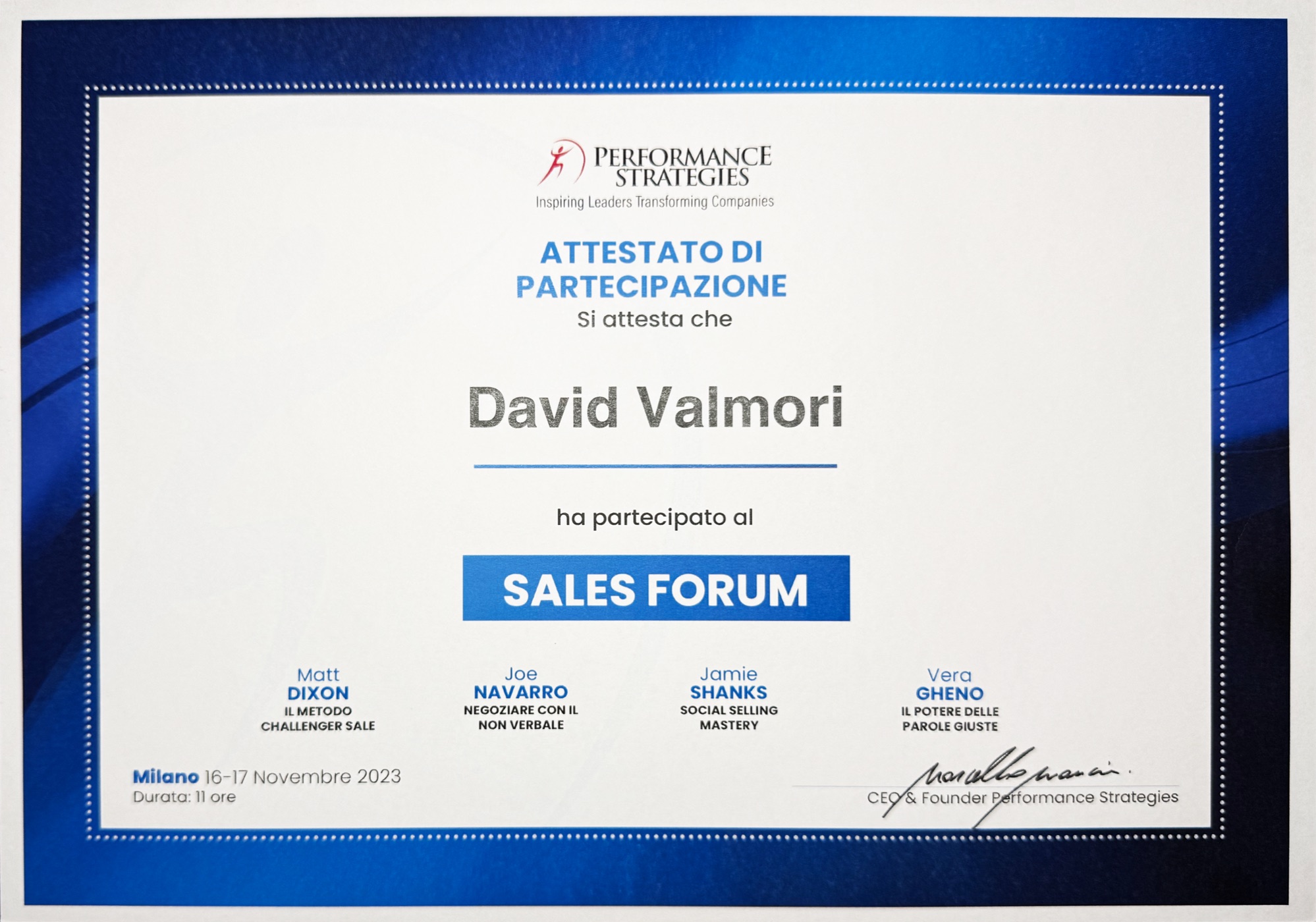 Attestato di partecipazione al Sales Forum 2023 di Performance Strategies