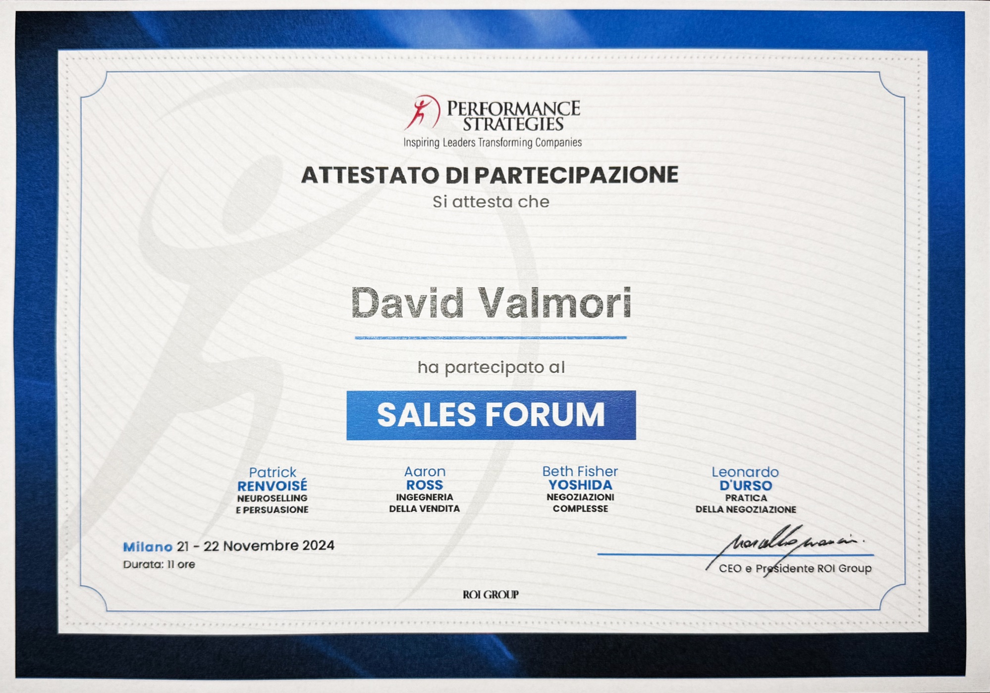 Attestato di partecipazione al Sales Forum 2024 di Performance Strategies