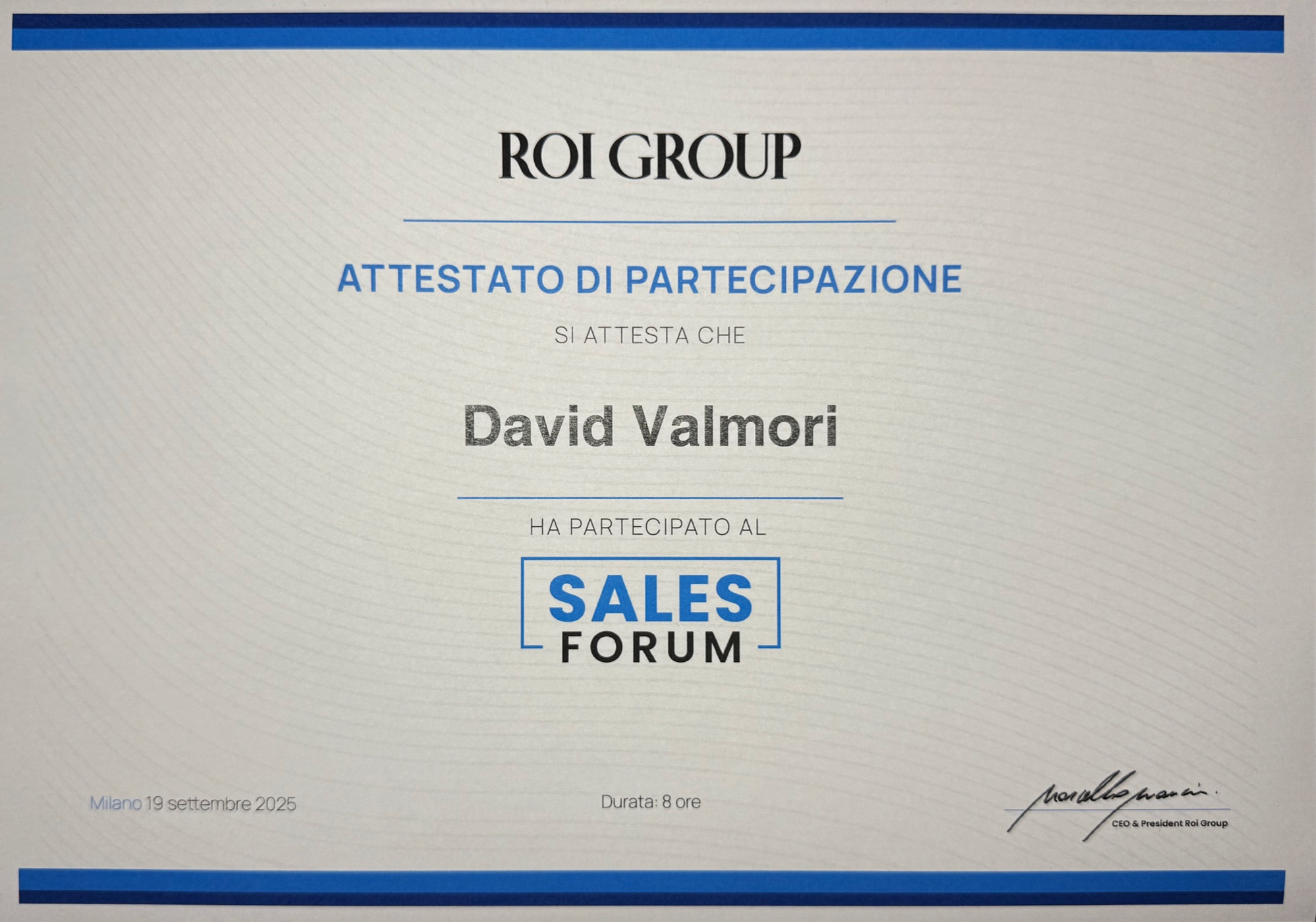 Attestato di partecipazione al Sales Forum 2025 di ROI Group