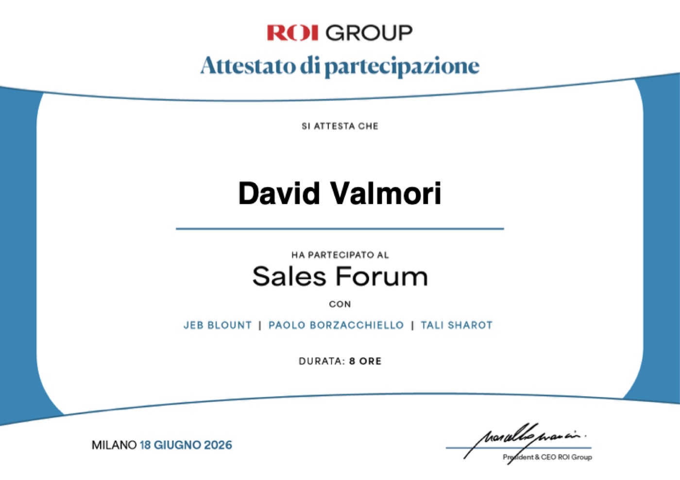 Attestato di partecipazione al Sales Forum 2026 di ROI Group