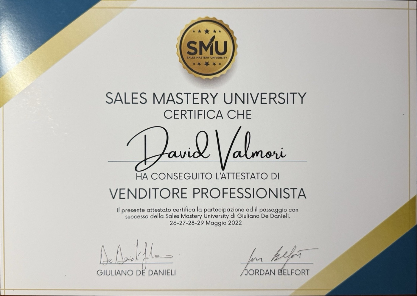 Attestato di Venditore Professionista della Sales Mastery University