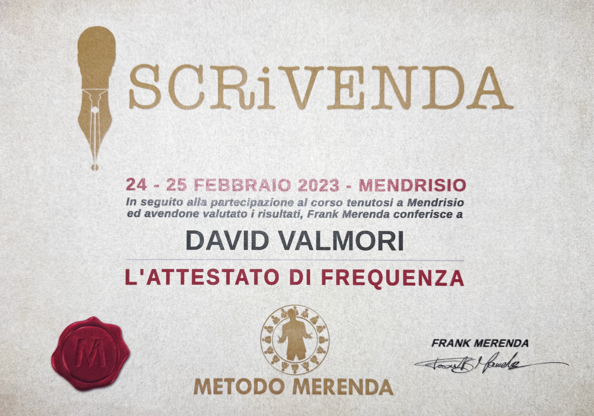 Attestato di frequenza del corso SCRiVENDA di Frank Merenda