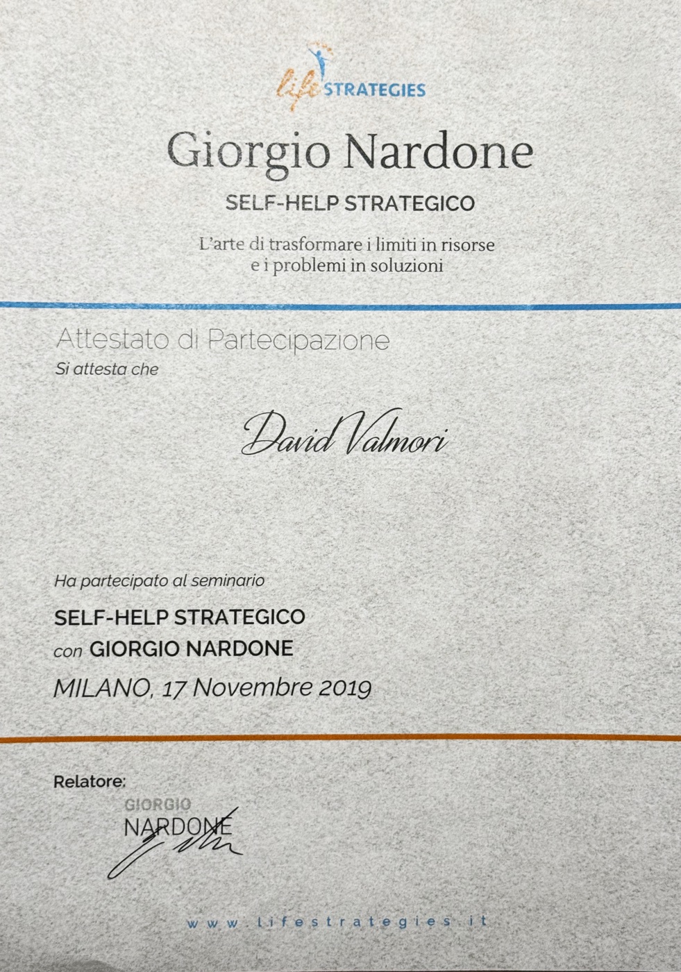 Attestato del seminario Self-Help Strategico con Giorgio Nardone