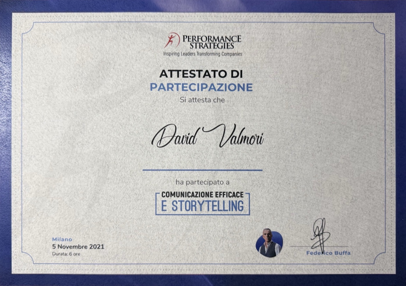 Attestato del corso Comunicazione efficace e storytelling con Federico Buffa, 2021
