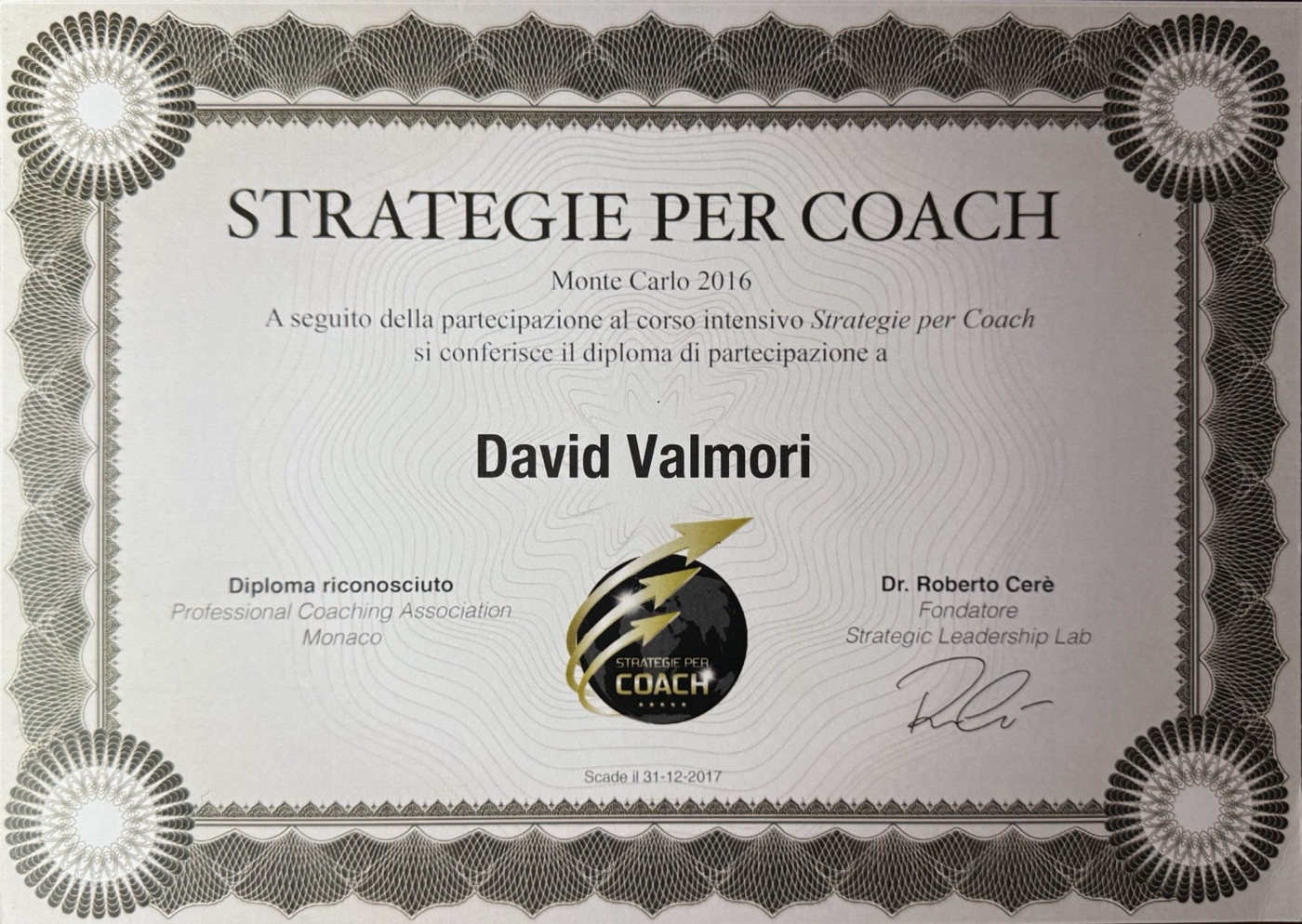 Attestato del corso Strategie per Coach