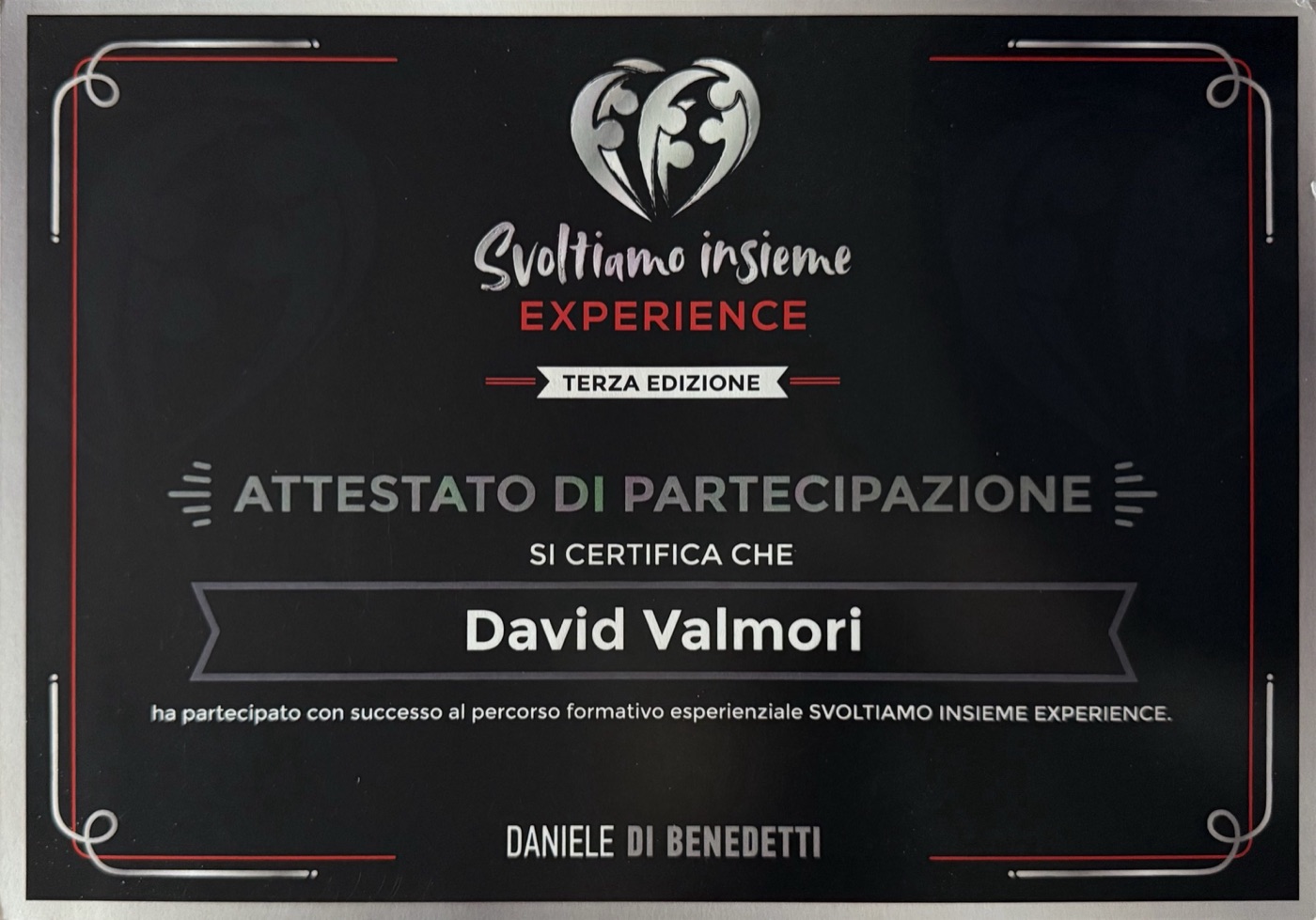Attestato di partecipazione a Svoltiamo Insieme Experience, terza edizione