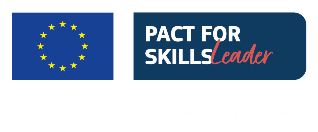 Bandiera dell'Unione Europea accanto al badge Pact for Skills Leader