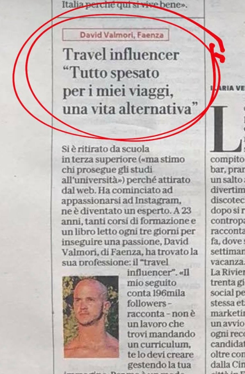 Ritaglio de La Repubblica: «Travel influencer, tutto spesato per i miei viaggi, una vita alternativa»